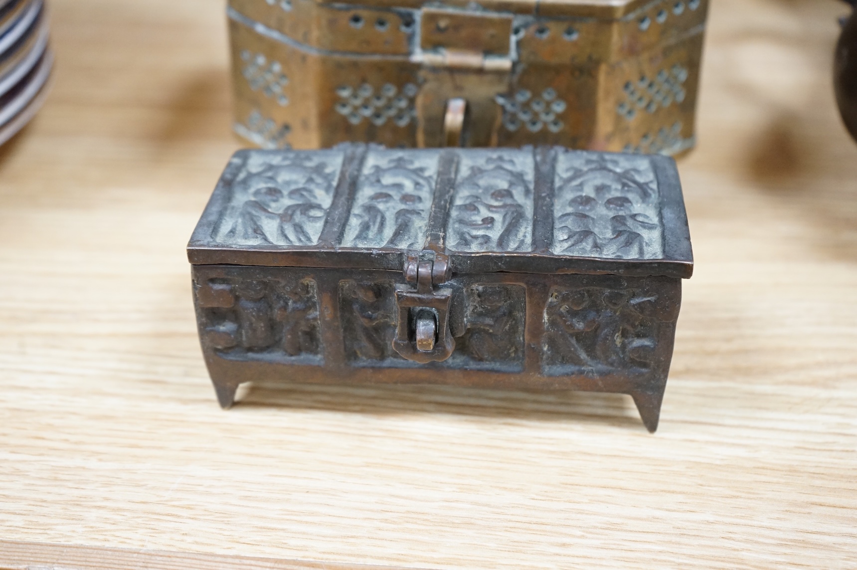 A Japanese archaistic bronze vase, seal mark to base, together with two Indian brass Paan boxes and a Medieval revival bronze casket, tallest 26cm